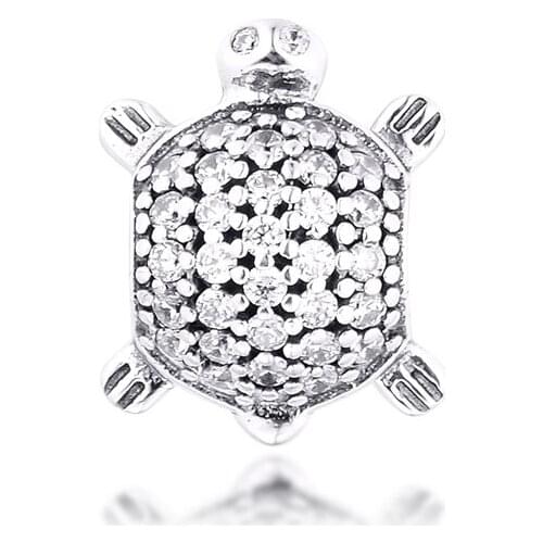 Authentic 925 Sterling Silver Sea Turtle Charm Clear CZ Tortoise Beads DIY Jewelry Making Fits Original Bracelets Bijoux