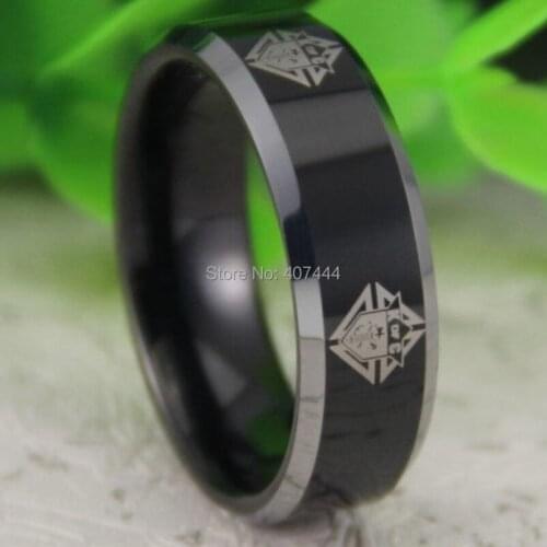 Free Shipping YGK JEWELRY Hot Sales 8MM Black Silver Bevel Knight of Columbus Mason Mens Tungsten Wedding Ring