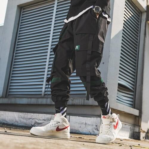 Men Ribbons Streetwear Cargo Pants 2021 Autumn Hip Hop Joggers Overalls Pantalon Homme Fashion Baggy Pockets Male Black Trousers