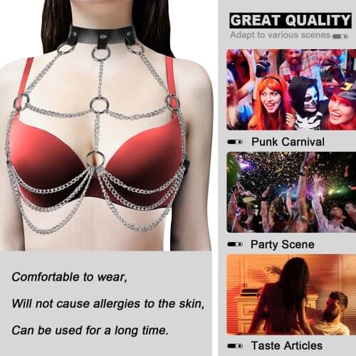 Female Fashion Sexy Hanging Neck Tops Bra Body Chain Chest Hollow Out Metal Chain Belt Punk Accessories Party Club Rave Costume