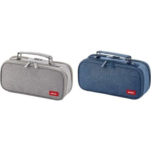 Angoo 2Pcs Pencil Case Canvas Double Layer Large Capacity Kawaii School Supplies Makeup Bag Pen Box - Grey & Blue