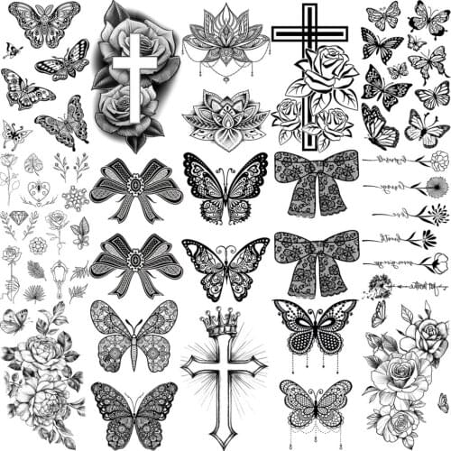 3D Black Henna Mandala Butterfly Temporary Tattoos For Women Adult Men Bow Knot Cross Flower Fake Tattoo Small Tatoos Paper
