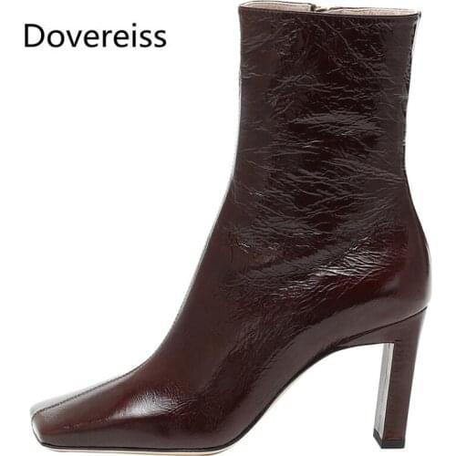 Dovereiss Fashion Womens Shoes Winter new Sexy Elegant Pure color Burgundy browZipper Square toe Short boots Concise Mature 48