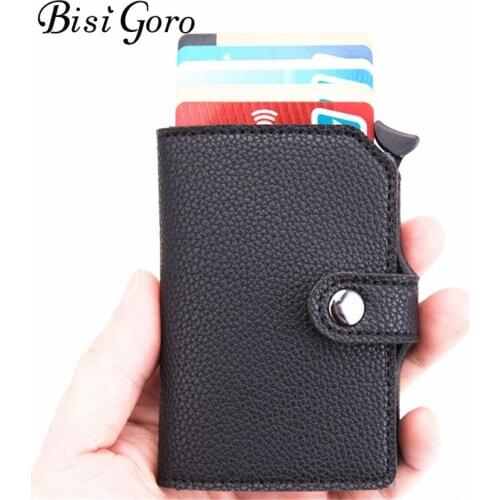 BISI GORO RFID Credit Card Holder Protection Anti-theft Men Wallet Leather Metal Aluminum Business Bank Card Case Card Wallet