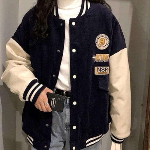 2021 new retro jacket corduroy jacket tide contrast color stitching baseball uniform female couple student loose Korean jacket