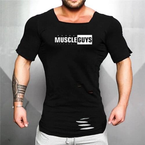 Summer Brand Mens T-Shirts Fashion Short Sleeve Fitness Bodybuilding Tshirt Men Workout Slim Fit Ripped Hole Cotton tee tops