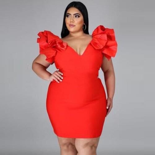 Fashion Summer Red Dress V-neck Sexy Sleeveless Wood Ear High Waist Bag Hip Slim Commuter Plus Size Dresses for Women