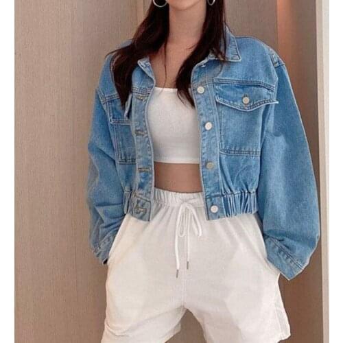 Trendy Women Jackets Solid Color Cropped Jackets Coats Denim Blue Short Women Coat Elastic Waist Women Clothing Unisex Denim Top