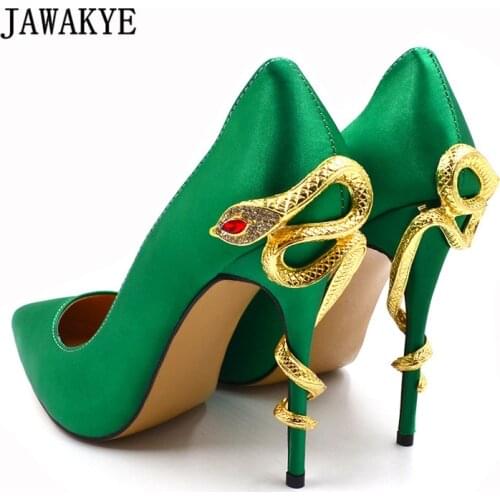 Green Luxury Satin Wedding Shoes Woman Sexy Pointed Toe Gold Snake Strap High Heel Shoes Lady Pumps