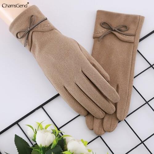2021 Luxury Suede Gloves Women Full Finger Mittens Screen Glove Elegant Velvet Thick Winter Warm Gloves Bow Decor Mujer Luvas