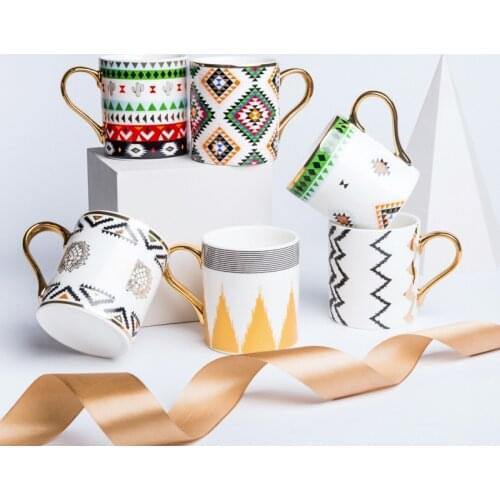 Luxury Gold Totems Mosaic Geometric Flamingo Ceramic Coffee Mug Coffee Cup Gold Breakfast Milk Water Cup Couple Creative Gifts