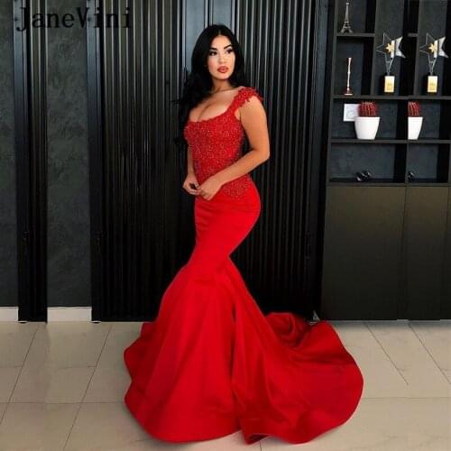 JaneVini Sexy Red Mermaid Prom Dress Long Scoop Neck Lace Appliques Heavy Beaded Backless Satin Prom Dresses Vestidos Compridos