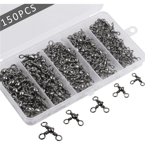 150pcs/box Brass Fishing Connector Bearing Barrel Rolling Swivel 3 Way connectors string hook rig Carp Fishing Tackle