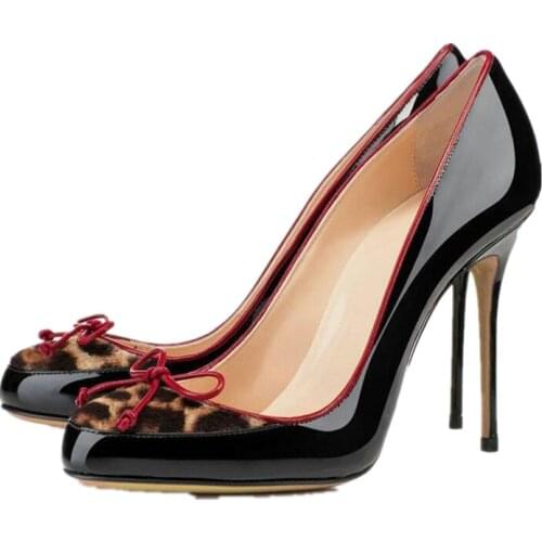 Woman Leopard Horsehair Bowtie Decor Round Toe Pumps Sexy Stiletto Heels Party Women Black Patent Leather Dress Shoes