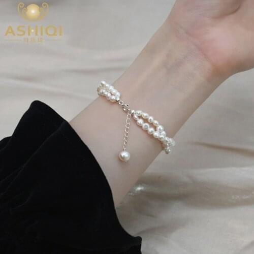 ASHIQI Natural Freshwater Pearl 925 Sterling Silver Hand Woven Double Layer Bracelet Women