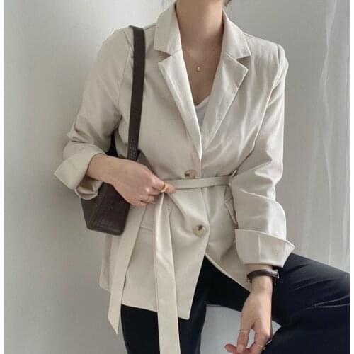 2021 Womens French Style Jacket Basic Simple Retro Single Breasted Office Casual Temperament High Quality Blazer With Belt