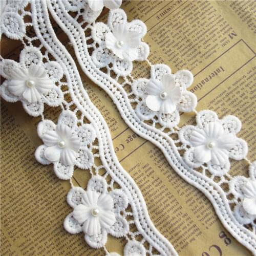 1 yard Cotton Flower Pearl Embroidered Lace Edge Trim Ribbon Applique DIY Sewing Craft Vintage Wedding Bridal Dress Clothes