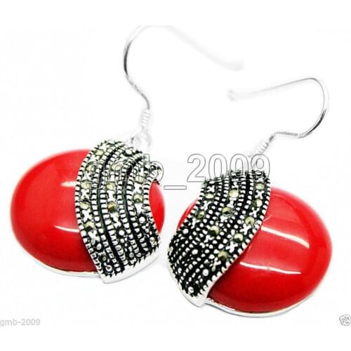 Free shipping Fashion 925 Sterling Silver 18*18mm Red Coral Coin Marcasite Earrings