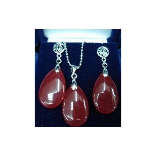 FREE SHIPPING Natural Set Jewelry red jade teardrop jade pendant earring +Chain AAA style 100% Natural jade Noble Fine jewelry