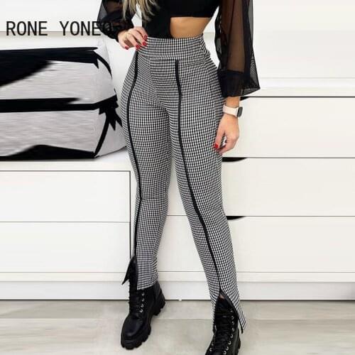 Women Chic Plaid Casual High waist Bright Line Decoration Skinny Pencil Pants
