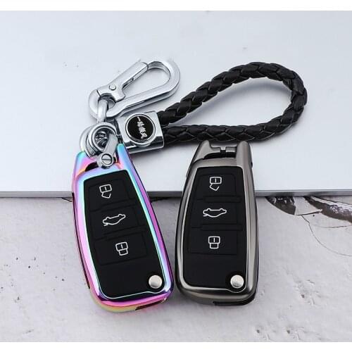 Galvanized Alloy Car Key Case For Audi A3 A4 A6 A8 TT Q7 3 Buttons Folding Remote Fob Protector Cover Black Keychain Bag Auto