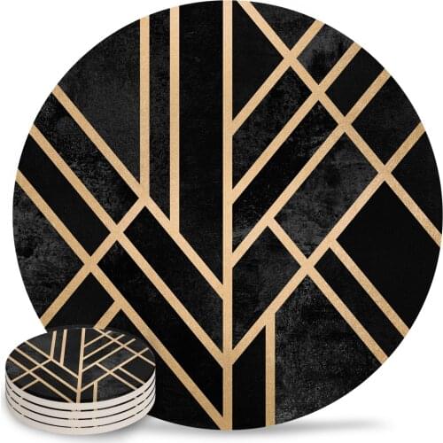 Geometry Art Deco Black Ceramic Coasters Waterproof Tea Cup Mat Christmas Home Decor Coffee Table Decor Coasters for Glasses