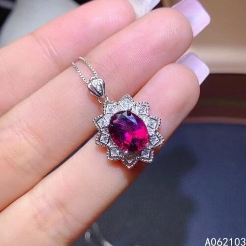 KJJEAXCMY fine jewelry 925 Sterling Silver inlaid natural garnet Womens popular luxury oval flower GEM PENDANT NECKLACE support