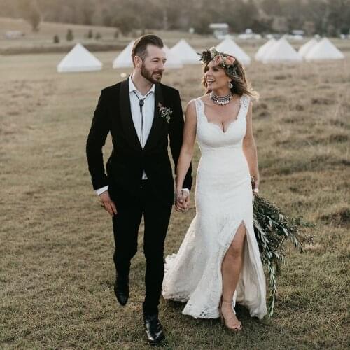 Mermaid Lace High Split Bridal Gowns Custom Made 2021 Long Train Backless Open V Back Sleeveless Sweetheart Straps Wedding Dress