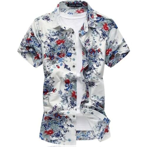 Summer Mens Shirt Floral Print Male Casual Short Sleeve Shirt High Quality Elasticity Shirt Brand Clothes Large Size 6XL 7XL