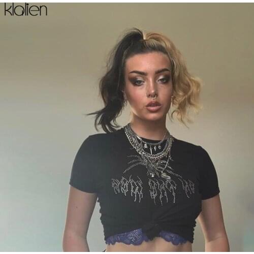 KLALIEN Fashion Diamond Slim Black Soft Cotton T-Shirt Women 2021 New Casual Street Wild Was Thin Basic Female T-Shirt