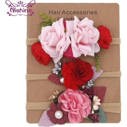 Nishine 3pcs/lot Fashion Fabric Flower Baby Girls Elastic Nylon Headband Kids Pearl Artificial Flowers Headwear Sets Photo Props
