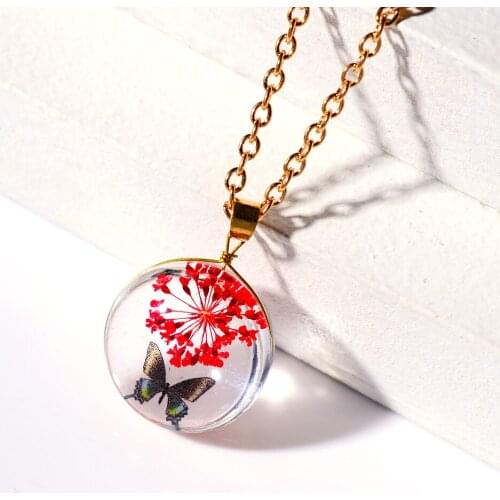 New Fashion Plant Time Gem Round Necklace Dried Flower Butterfly Crystal Glass Ball Clavicle Chain Female