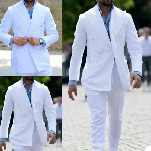 Latest Coat Design White Men Suit Slim Fit Skinny 2 Piece Casual Blazer Custom Groom Tuxedo Lino Jacket+Pant