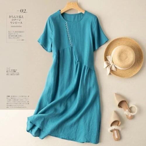 Pure Cotton Short-sleeved Dress Mid-length Literary Retro Design 2021 Summer New A-line Dress Female