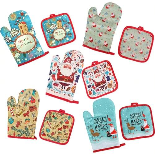 2Pcs/set Oven gloves Potholders For Kitchen Christmas Decorations Baking Accessories New Year 2021 Home Anti-scald Backing tools