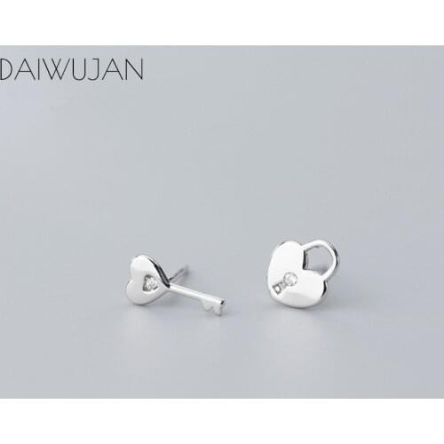 DAIWUJAN Real 925 Sterling Silver Asymmetric Lock Key Stud Earrings Romantic Lover Couple Earrings For Women Girls Birthday Gift