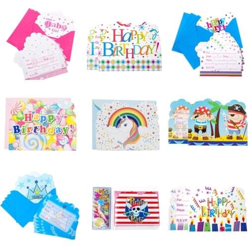 6Cards+6Envelopes Flower Unicorn Mermaid Pirate Paper Invitation Card for Kid Birthday Party Decoration Handmade