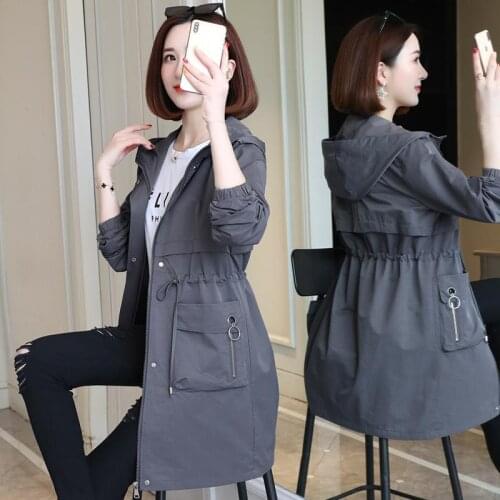 Mid-Length Windbreaker Jacket 2021 Spring Autumn Large Size 4XL Outwear Temperament Waist Khaki Black Hooded Jackets Female Coat
