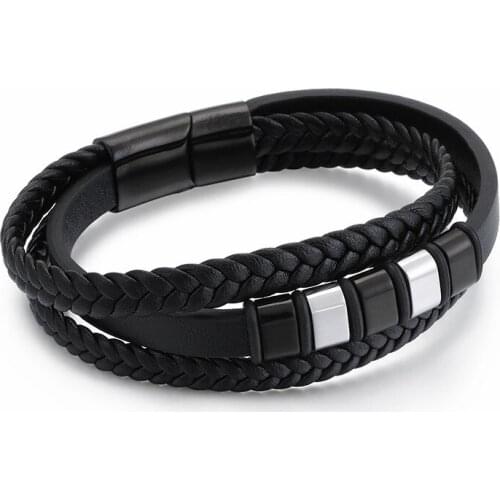 Vintage Multi Layer Braided Leather Wrap Bracelet For Men Stainless Steel 22cm Geometric Charm Armband Bangle Jewelry For Man