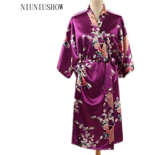 Purple Plus Size S - XXXL Summer Sexy Womens Robe Rayon Nightgown Print Long Sleepwear Kimono Bath Gown Flower Pajamas T006