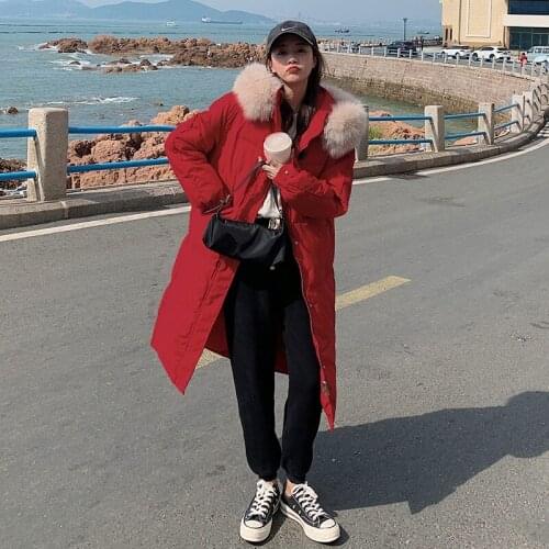 Big Fur Collar Hooded Solid Winter X-Long Parkas for Women Casual Loose Zipper Cotton Jacket Outwear Female Cotton Padded Coat