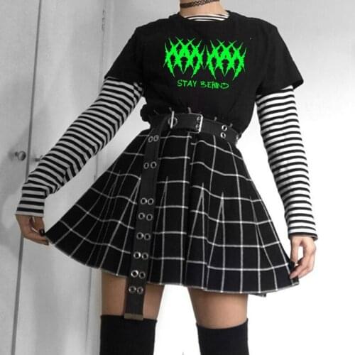 Gothic Punk Women T-shirt Fun E-girl Letter Cartoon Graphic Print Y2K Harajuku Fashion Casual Top Oversized Black Vintage Top
