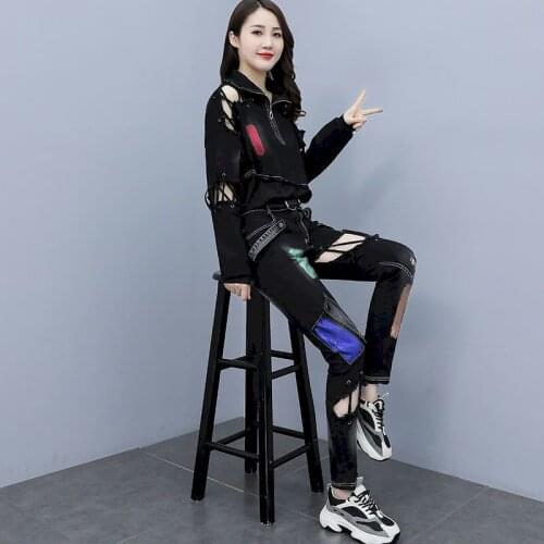 Womens Suits Personalized Handsome Suits Ripped Pants Street-fried Cool Jacket Two Piece Sets Jean Jacket Women Sets Autumn New