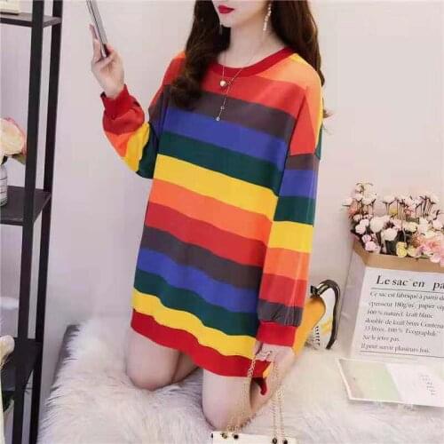 2020 Autumn Winter Hoodies Women Casual O Neck Rainbow Stripe Oversized Long Pullover Tops Sweet Loose Sweatshirt Hoodies Female