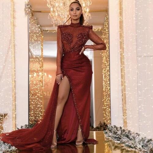 Sexy Burgundy Mermaid Prom Gowns With High Side Split See Thru Full Sleeves Beaded Long Women Dresses To Party