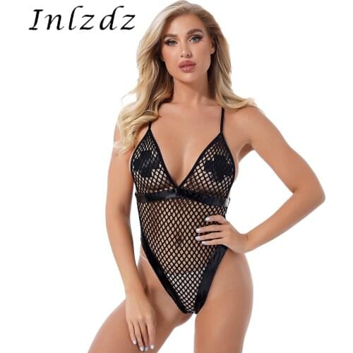 Womens See-through Hollow Out Fishnet Bodysuit Lingerie Sexy Clothing Patent Leather Patchwork High Cut Spaghetti Strap Leotard