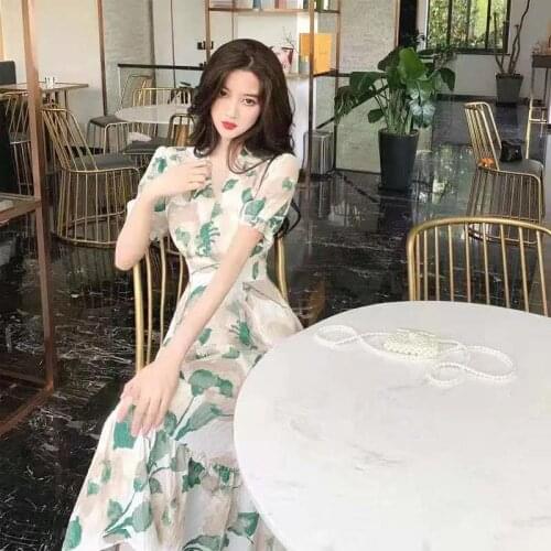 Summer Women New Retro Chiffon Printed Yellow Green V-neck Short Puff Sleeve Plus Size A-line Slim Floral Cocktail Dresses 7833