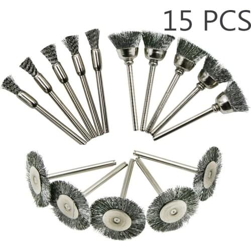15PCS 3mm Rotary Steel Wire Wheel Brush Brushes Cup Tool Shank Grinder Drill Rust Weld