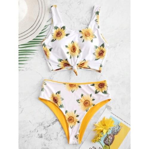 2020 Europe America New Style Hot Selling Womens Split Type Sunflower Double-Sided Printed Small Pulling Bikini Bathing Suit 30