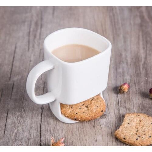 60pcs/lot 250ML Ceramic Mug White Coffee Tea Biscuits Milk Dessert Cup Tea Cup Side Cookie Pockets Holder For Home Office SN905